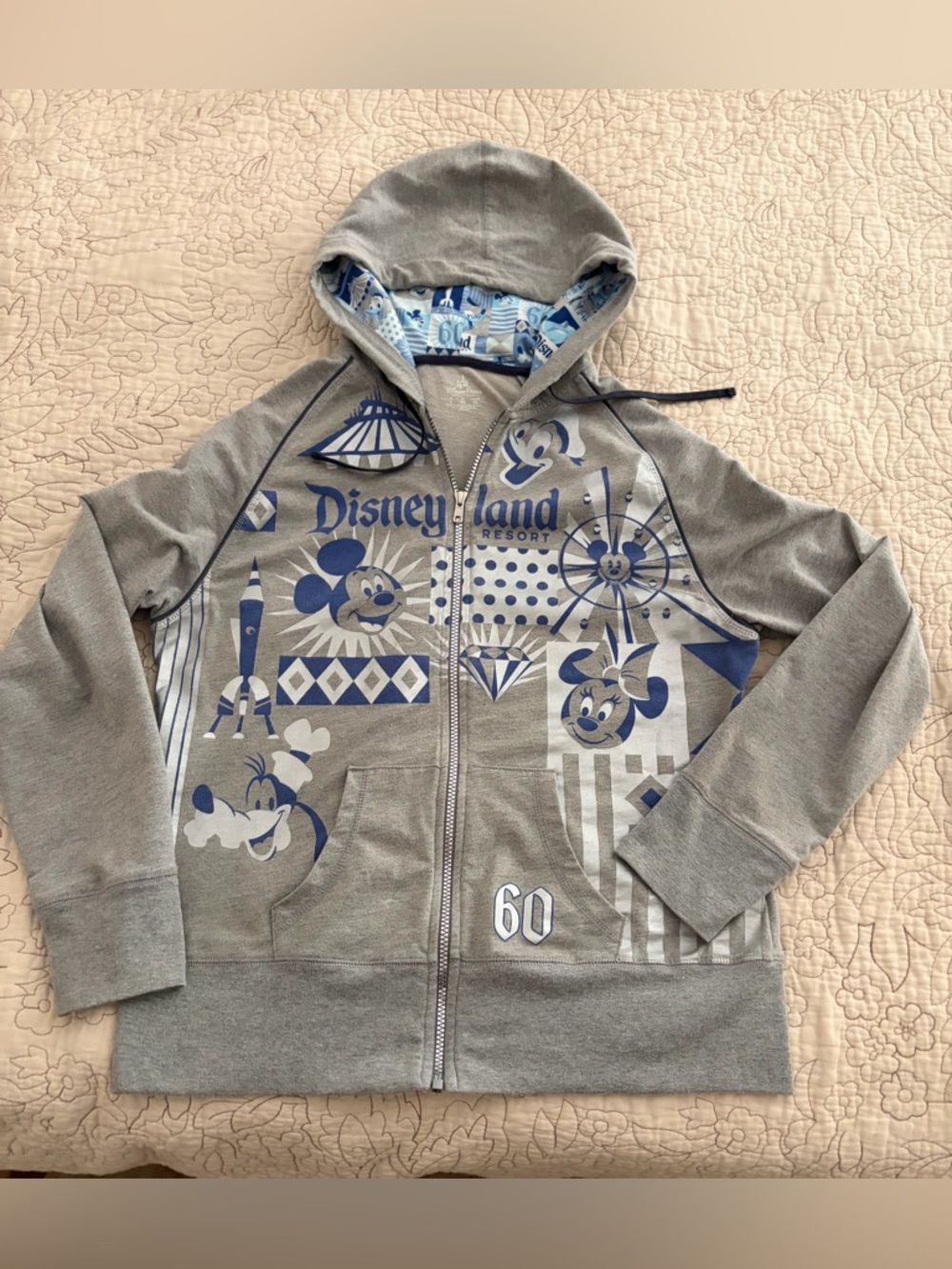 Disneyland 60th anniversary women’s hoodie jacket with Minnie, Mickey, Goofy